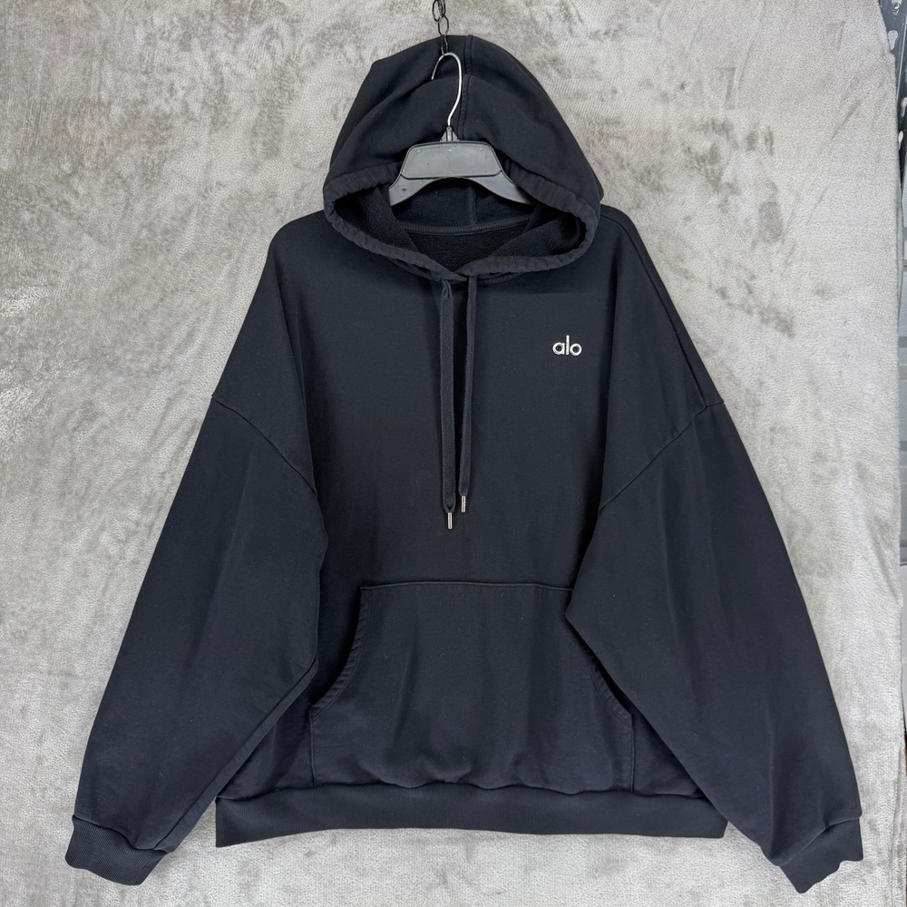 Alo Yoga Black Oversized Pullover Hoodie Logo Fleece Athleisure Sweatshirt - Picture 1 of 8